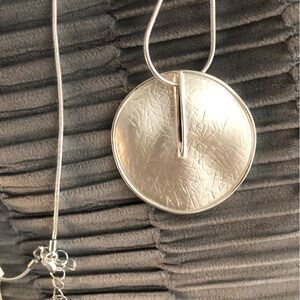 Large double sided round silver pendant necklace